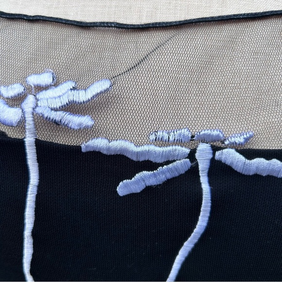 Cache Y2K Black slinky dress mesh White embroidered flowers dragonfly - Picture 3 of 7